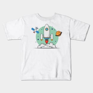 Rocket with Satellite and Planet Space Kids T-Shirt